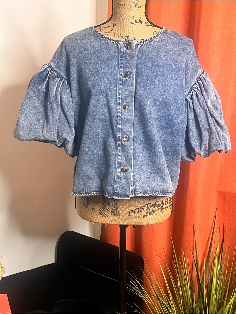 Blue Puff-Sleeve Denim Button-Front Blouse